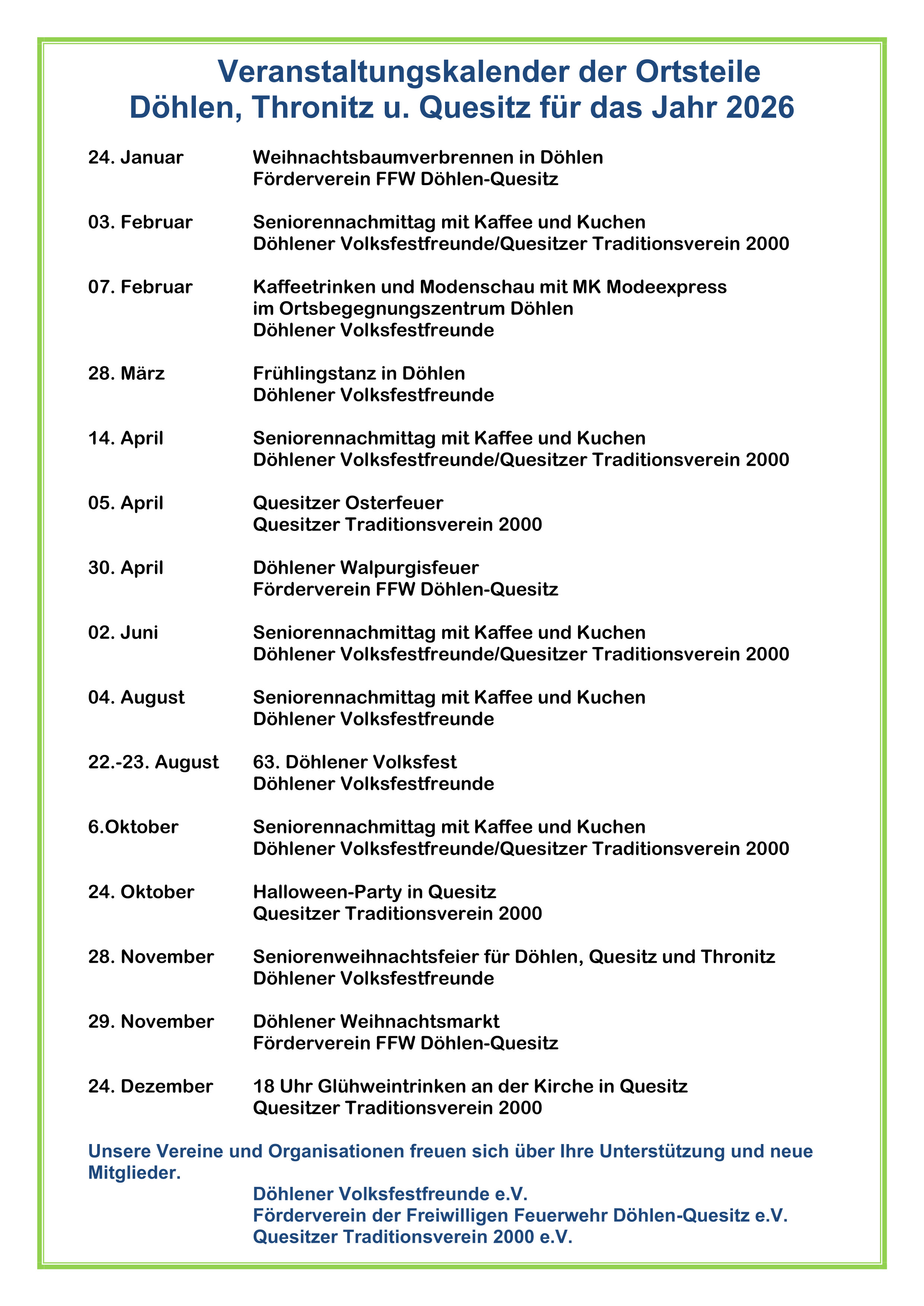 Veranstaltungskalender f&uuml;r D&ouml;hlen, Quesitz und Thronitz 2026